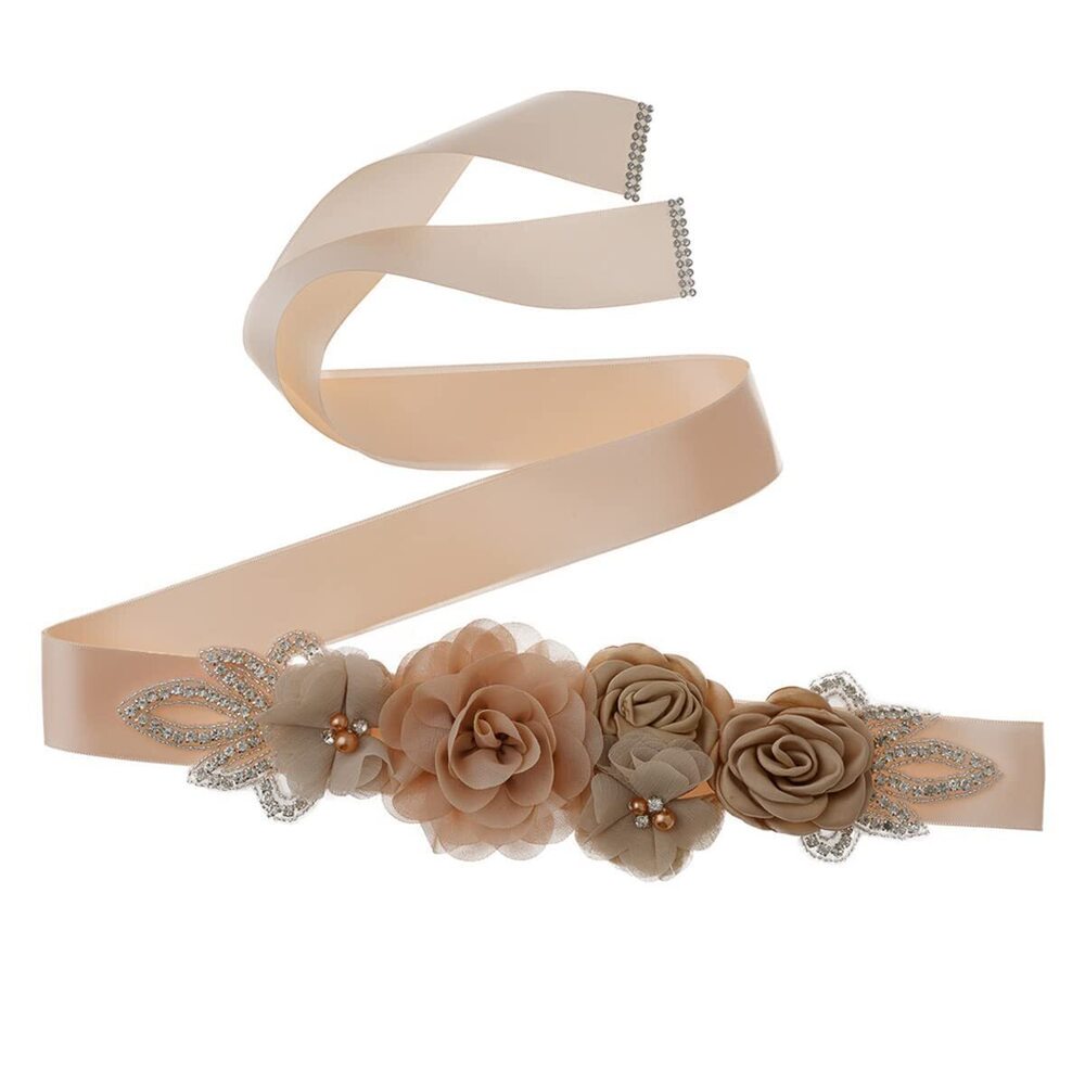 4647 Sash Belt 106 Inch Satin Ribbon with Handmade Flowers Pearls